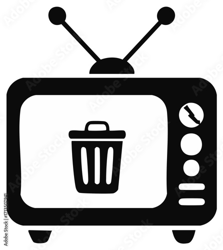 Black and white icon of a vintage television set with a trash can symbol on its screen