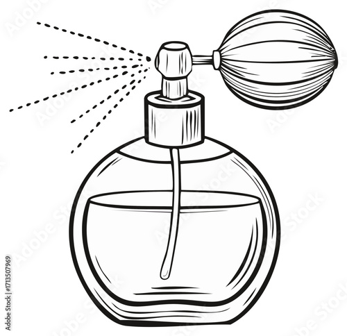 Elegant perfume bottle with a retro pump sprayer releasing fine mist of fragrance