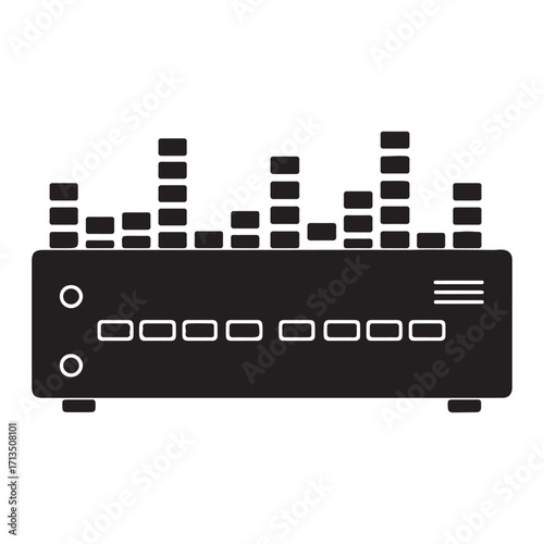 Black and white vector illustration of a vintage equalizer with multiple bands and controls ideal for music enthusiasts and audio production