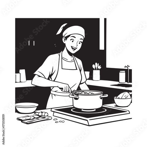 Black and White Vector Illustration of a Smiling Woman Cooking in Kitchen with Apron and Headband
