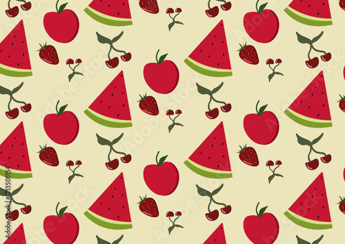 Red fruits such as watermelons, cherries, tomatoes, and strawberries look delicious in cheerful cartoon illustrations. Suitable for food packaging or other uses.