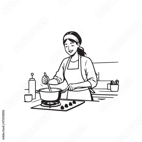 Black and White Vector Illustration of a Smiling Woman Cooking in Kitchen with Apron and Headband

