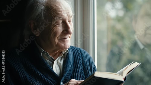 Elderly man with white hair reading a book by the window, enjoying a quiet moment of leisure