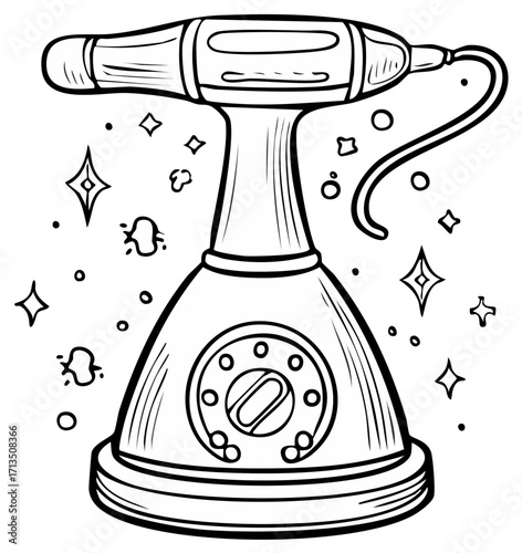 Sparkling Cleaning Machine Line Art, Isolated Doodle Style Steamer, Vector Graphics