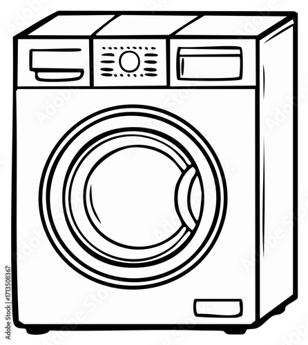Vector style black and white line art of a front load washing machine household appliance for laundry