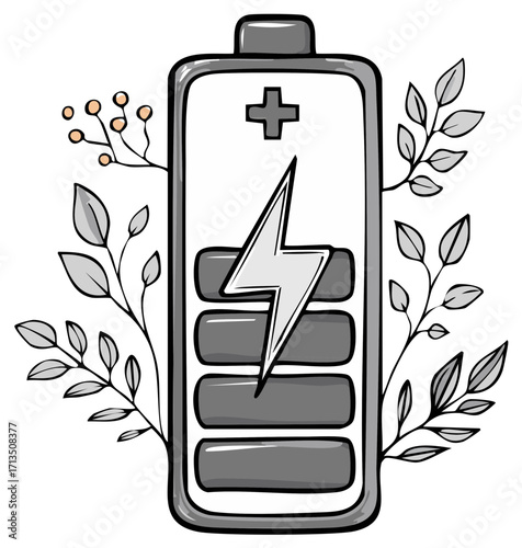 Battery icon with energy bolt, plus sign, surrounded by foliage, stylized representation of energy
