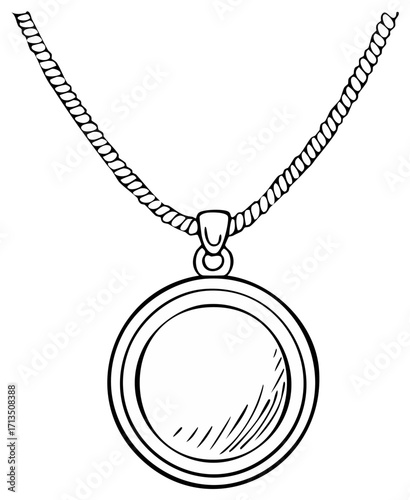 Necklace with round pendant illustration, line art drawing of a jewelry item with a twisted chain