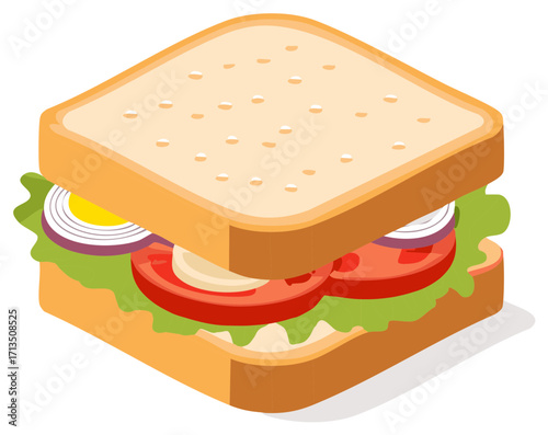 Isometric sandwich illustration with tomato, lettuce, onion, and egg slices.