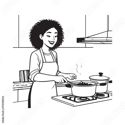 Black and White Vector Illustration of a Smiling Woman Cooking in Kitchen with Apron and Headband
