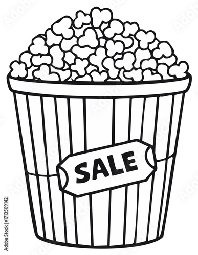 Hand Drawn Popcorn Bucket Outline with Sale Tag for Marketing or Events Concessions Stands Offers