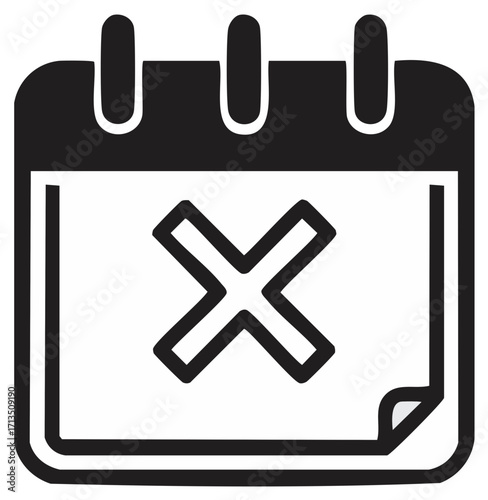 Calendar page with X mark icon simple black and white design
