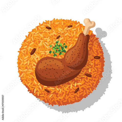 Delicious Meal Golden Rice Pilaf with Roasted Leg of Poultry, Garnished with Fresh Herbs