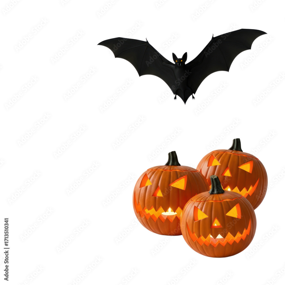 Fototapeta premium Three lit jack-o'-lanterns with a black bat flying above, isolated on transparent background