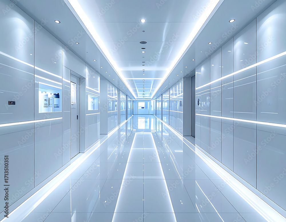 Obraz premium A high-tech corridor with reflective surfaces and glowing lights creates an immersive setting for showcasing botulinum therapy advancements and techniques. 