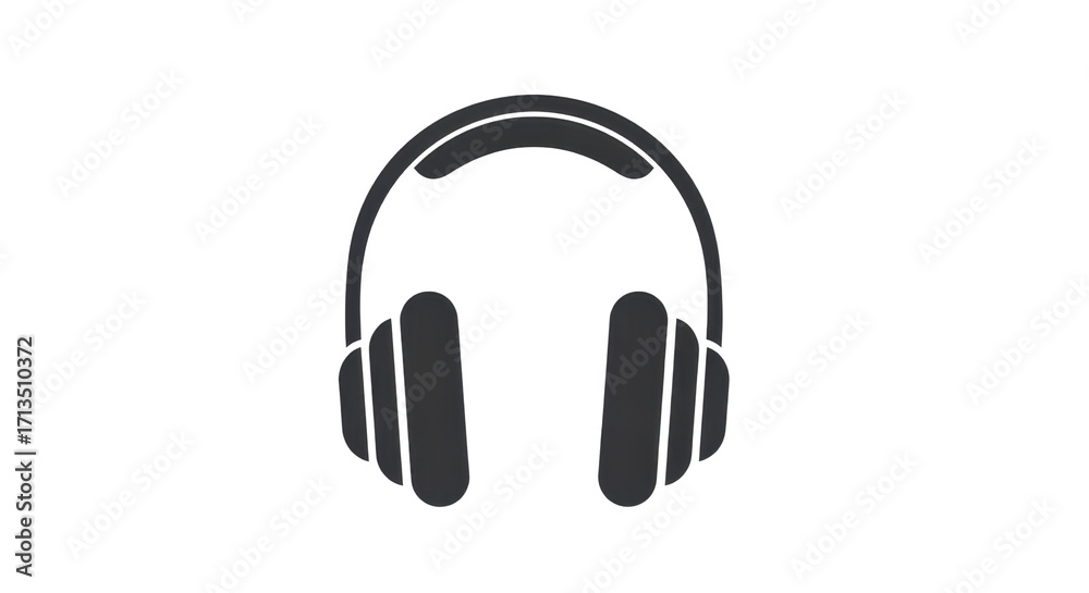 Fototapeta premium Minimalist headphones icon on white background, black silhouette of over-ear music headset, modern audio equipment symbol for podcast and sound design