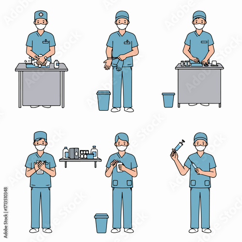 A series of illustrations depicting a male healthcare worker performing various medical tasks, including handwashing, gloving, preparing equipment, and administering medication.