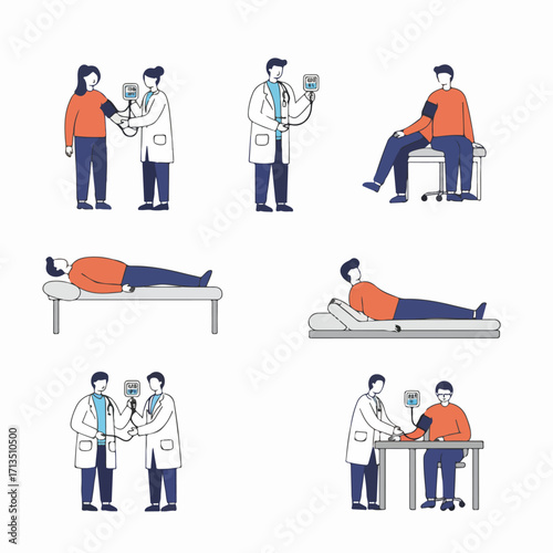 Healthcare professionals measuring blood pressure of patients in various medical check-up scenarios, illustrating routine health monitoring and diagnostic procedures.