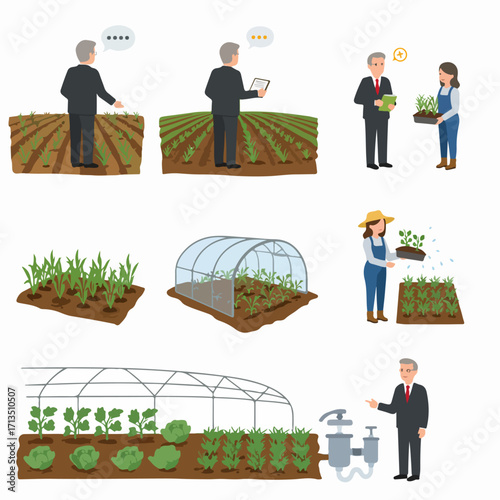 Modern agriculture and smart farming illustrations: showcasing crop cultivation, greenhouse technology, irrigation systems, and agricultural business management from seed to harvest.