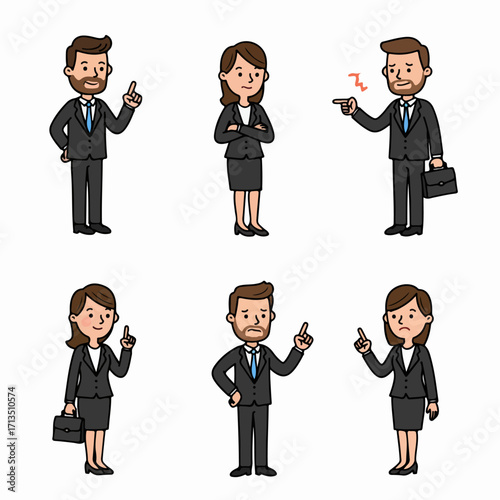 Diverse business cartoon characters in suits demonstrating communication, ideas, and problem-solving through various gestures and expressions for corporate themes.