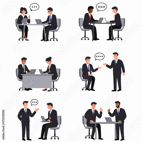 Illustrations of diverse business professionals engaging in meetings, discussions, and collaborations in an office setting.