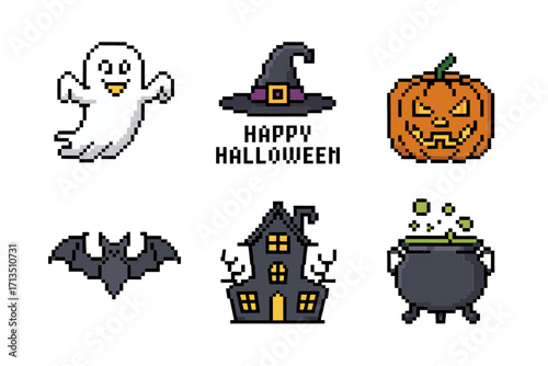 Happy Halloween pixel icons set, ghost, witch hat, pumpkin, bats, haunted house, bubbling cauldron, cute spooky vector