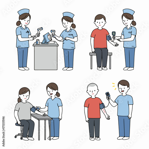 Illustration set of medical staff and nurses performing various health checks on diverse patients, including temperature measurement and blood pressure monitoring, in a healthcare clinic setting.