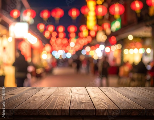 Blurred night market scene, wooden tabletop