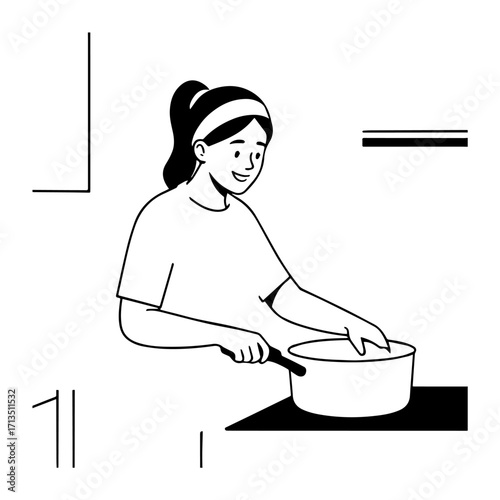 Black and White Vector Illustration of a Smiling Woman Cooking in Kitchen with Apron and Headband
