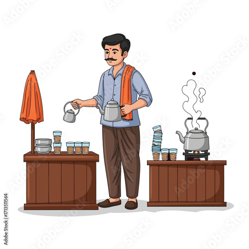 Cartoon illustration of a man pouring tea from a kettle at a street stall with cups and a steaming teapot.