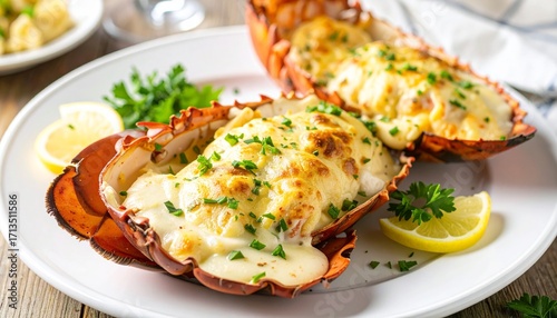 Gourmet baked lobster tails with creamy cheese sauce and fresh parsley.