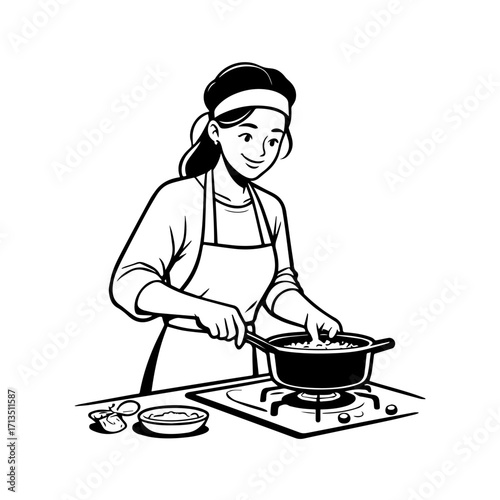 Black and White Vector Illustration of a Smiling Woman Cooking in Kitchen with Apron and Headband
