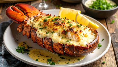 Gourmet baked lobster tail with a creamy cheese sauce and fresh herbs.