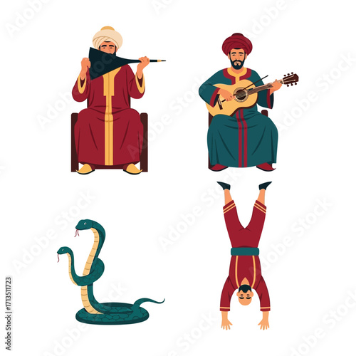 Traditional Middle Eastern musicians and a snake charmer, depicted in a flat design style.