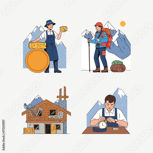 Swiss artisan crafts and mountain tourism: cheesemaking, hiking, carpentry, and watchmaking depicted.