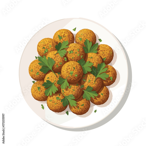 Plate of golden falafel balls, a popular Middle Eastern deep-fried dish made from ground chickpeas, garnished with fresh parsley. A savory and healthy meal or appetizer option