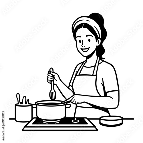 Black and White Vector Illustration of a Smiling Woman Cooking in Kitchen with Apron and Headband
