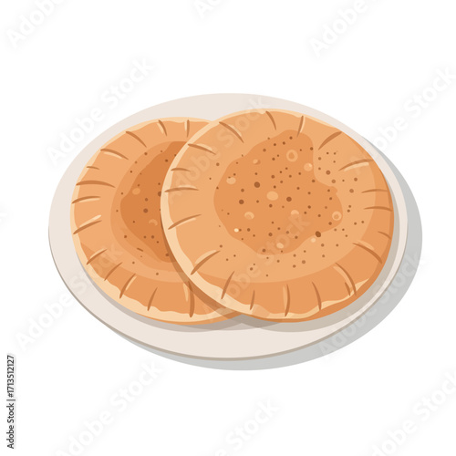Illustration of two golden flatbreads or pancakes on a plate. Freshly prepared, warm, and versatile food, perfect for any meal or snack