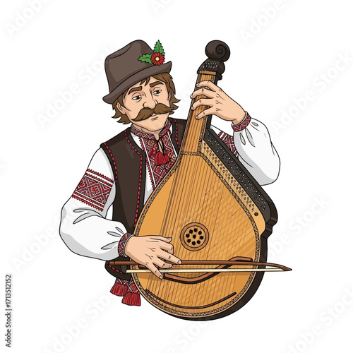 A man in traditional attire plays a bandura, a Ukrainian folk instrument.