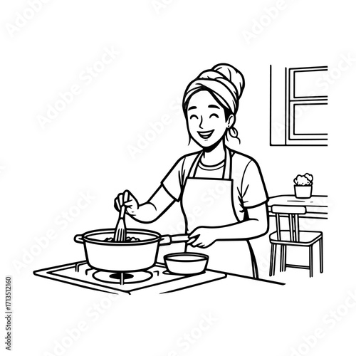Black and White Vector Illustration of a Smiling Woman Cooking in Kitchen with Apron and Headband
