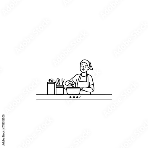 Black and White Vector Illustration of a Smiling Woman Cooking in Kitchen with Apron and Headband
