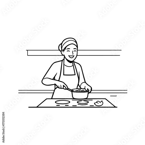 Black and White Vector Illustration of a Smiling Woman Cooking in Kitchen with Apron and Headband
