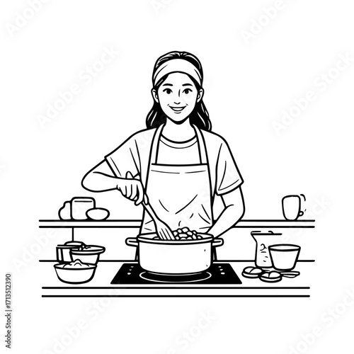 Black and White Vector Illustration of a Smiling Woman Cooking in Kitchen with Apron and Headband
