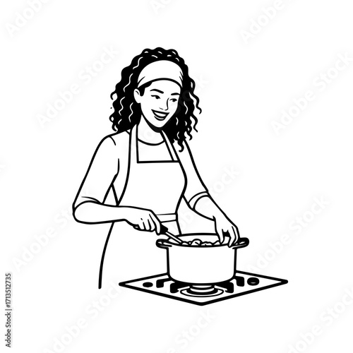 Black and White Vector Illustration of a Smiling Woman Cooking in Kitchen with Apron and Headband
