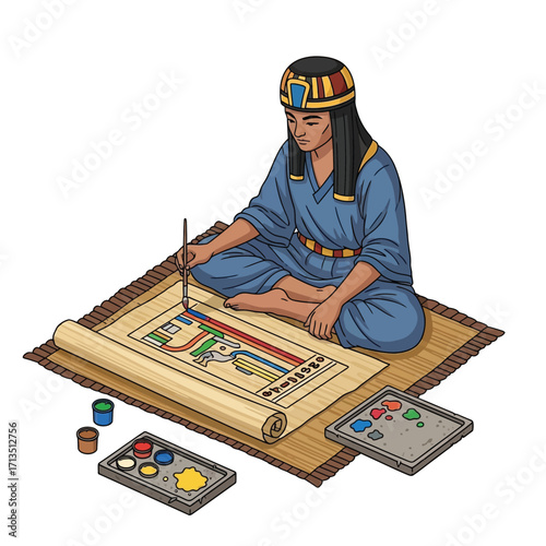 An ancient Egyptian scribe meticulously paints hieroglyphs on a papyrus scroll, surrounded by color palettes and tools.