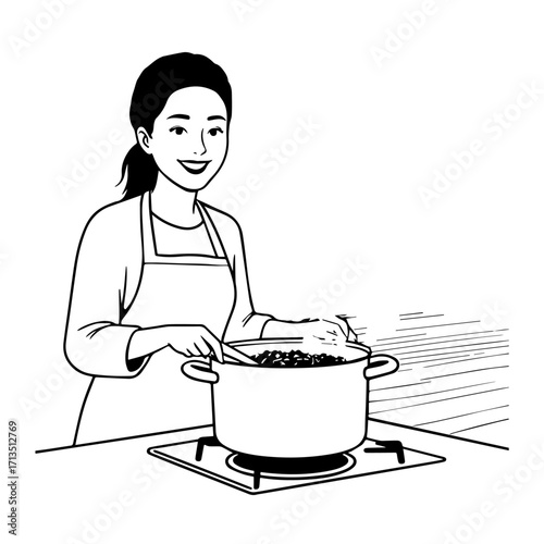 Black and White Vector Illustration of a Smiling Woman Cooking in Kitchen with Apron and Headband
