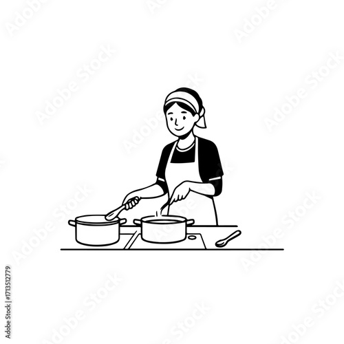 Black and White Vector Illustration of a Smiling Woman Cooking in Kitchen with Apron and Headband
