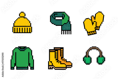 Winter clothing pixel set, knitted hat, scarf, mittens, cozy sweater, leather boots, earmuff headphones, cold weather vector