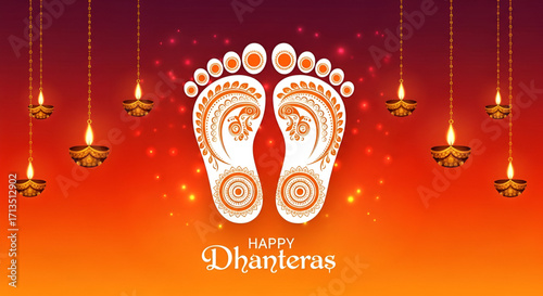 Happy Dhanteras banner with auspicious Lakshmi feet and decorative diyas on a vibrant red background symbolizing prosperity wealth and good fortune for the Indian festival.