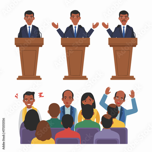 Diverse audience reacts to a speaker at a podium, illustrating public debate, communication, and various emotional responses during a presentation or conference.