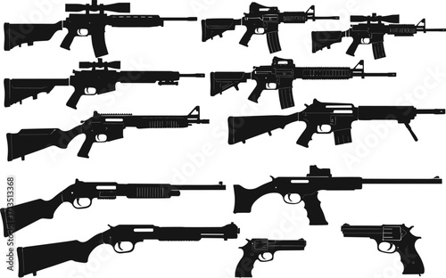 Black firearm silhouette vector set, rifles, shotguns, handguns, detailed weapon shapes, military guns, isolated collection, arranged on white background